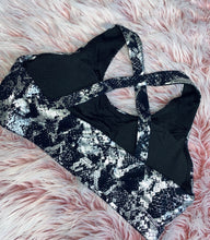 Load image into Gallery viewer, Black snake print sports bra