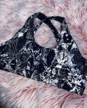 Load image into Gallery viewer, Black snake print sports bra